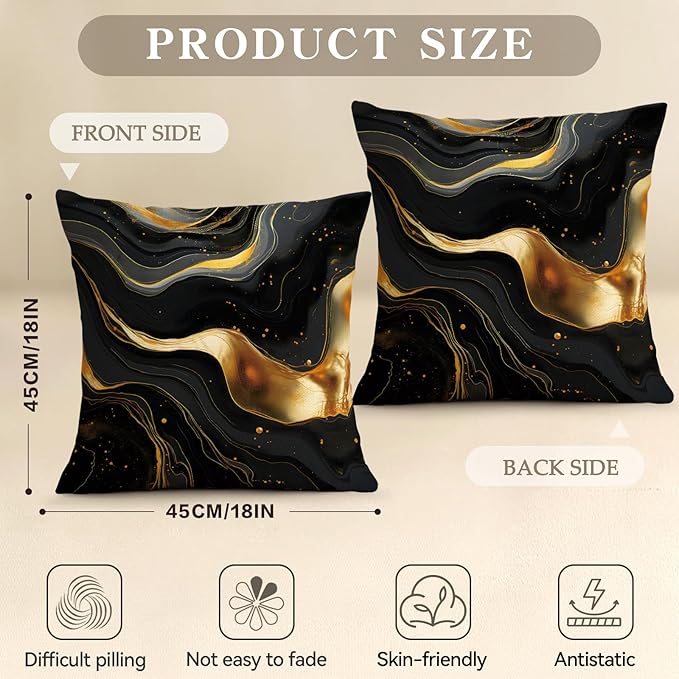 OBSEDE Abstract Black Gold Marble Decorative Throw Pillow Covers 18 × 18 in