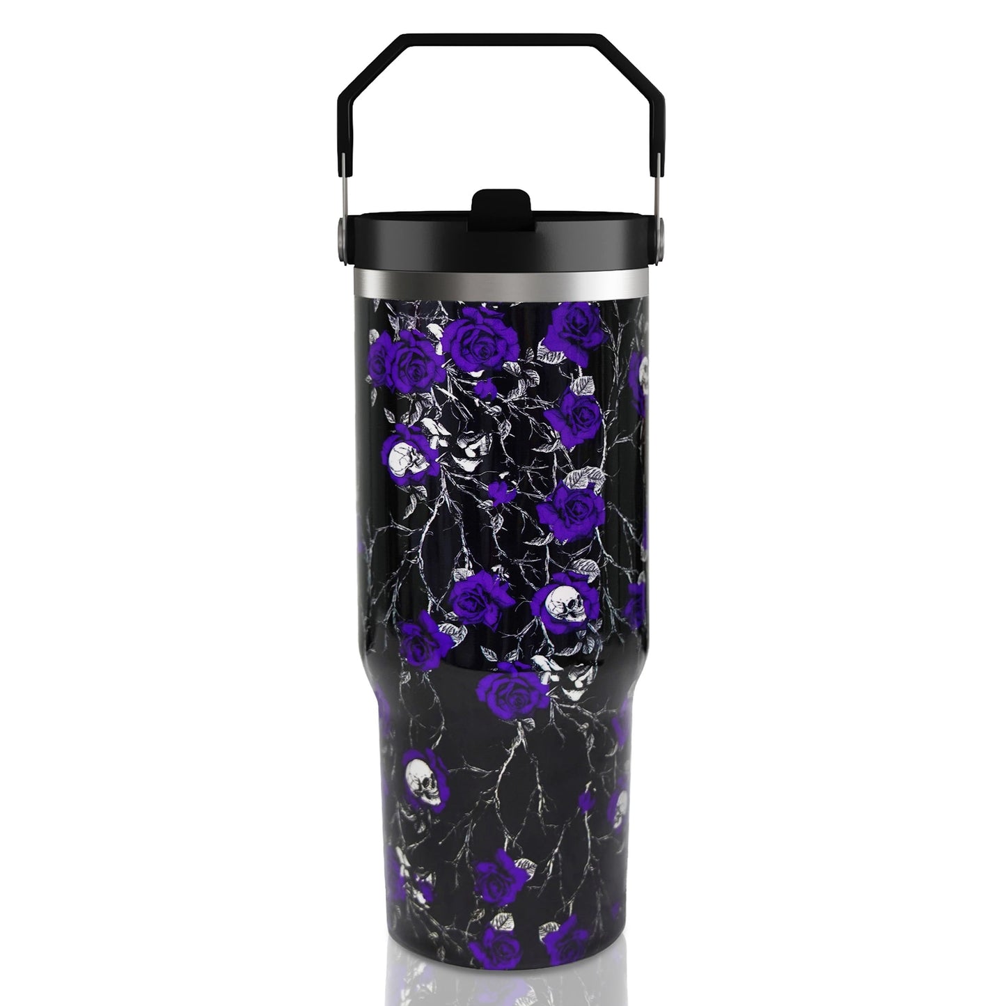 30oz Halloween Tumbler with Handle and Straw, Goth Floral Skull Insulated Tumbler, Leak Proof Travel Coffee Mug, Reusable Stainless Steel Skull Tumbler, Halloween Gifts for Women (black purple)