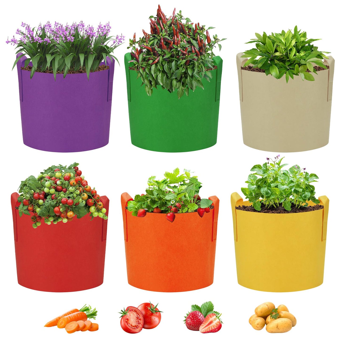 Ohiyoo 6 Pack 10 Gallon Grow Bags, Colorful Fabric Plant Pots with Handles, Garden 10 Gal Fabric Grow Pots, Vegetable Plant Growing Bags for Garden (10 Gallon)