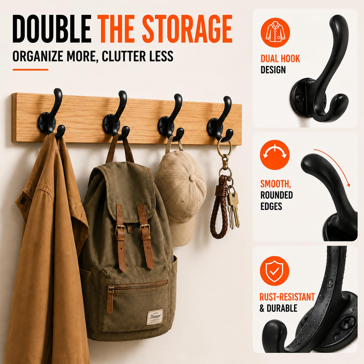 Sprinello 6 Pack Coat Hooks Wall Mount, Heavy Duty Wall Hooks for Hanging Coats, Towel, Hat and Robe, Black Metal Wall Hooks for Bathroom, Entryway, Bedroom