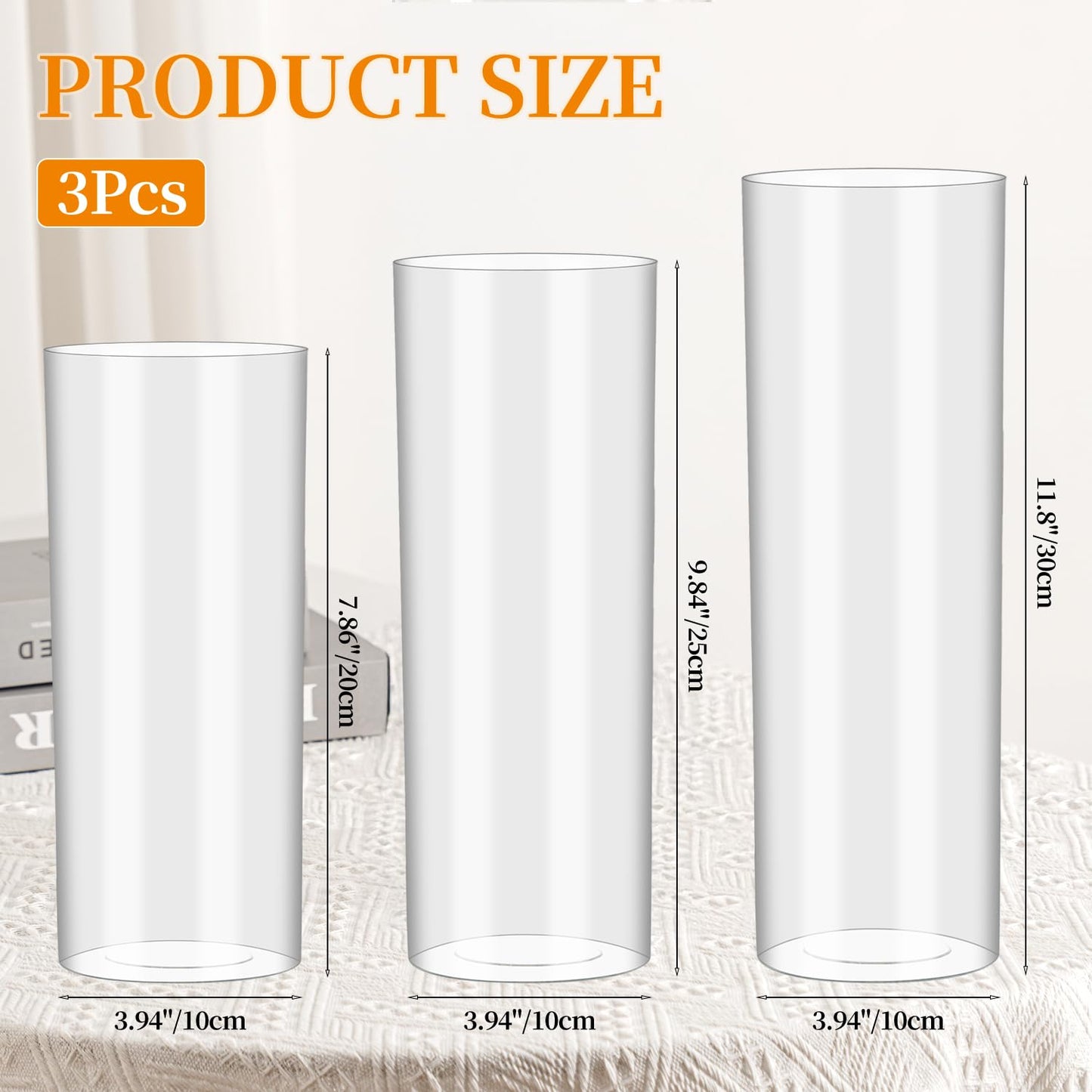 RosPynn Flower Vase Acrylic Cylinder,Set of 3 Pcs, Clear Vase for Centerpieces,Wedding Decorative,Home Décor, Non Breakable Plastic, 7.86"+9.84"+11.8" Tall Round - Clear