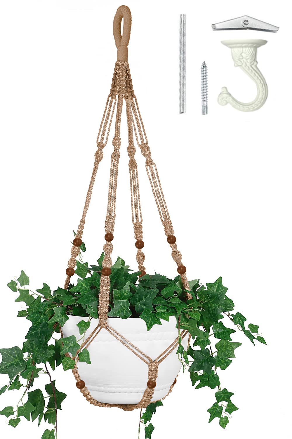 Shineloha 43 Inches Macrame Planter Hanger Large for 12 inch Pot + Swag Hook (Extra Long & Big) | Large Hanging Planter for Indoor Plants | No Tassel, Cotton Rope, NO Pot/Plant Included (Jute)(XL)