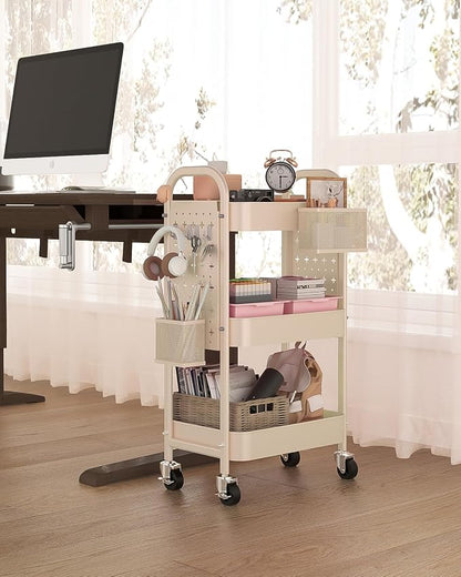 ALVOROG 3 Tier Rolling Cart with DIY Pegboards Metal Utility Cart with Wheels Handles Baskets Hooks, Craft Cart for Office Kitchen Bathroom(Khaki)
