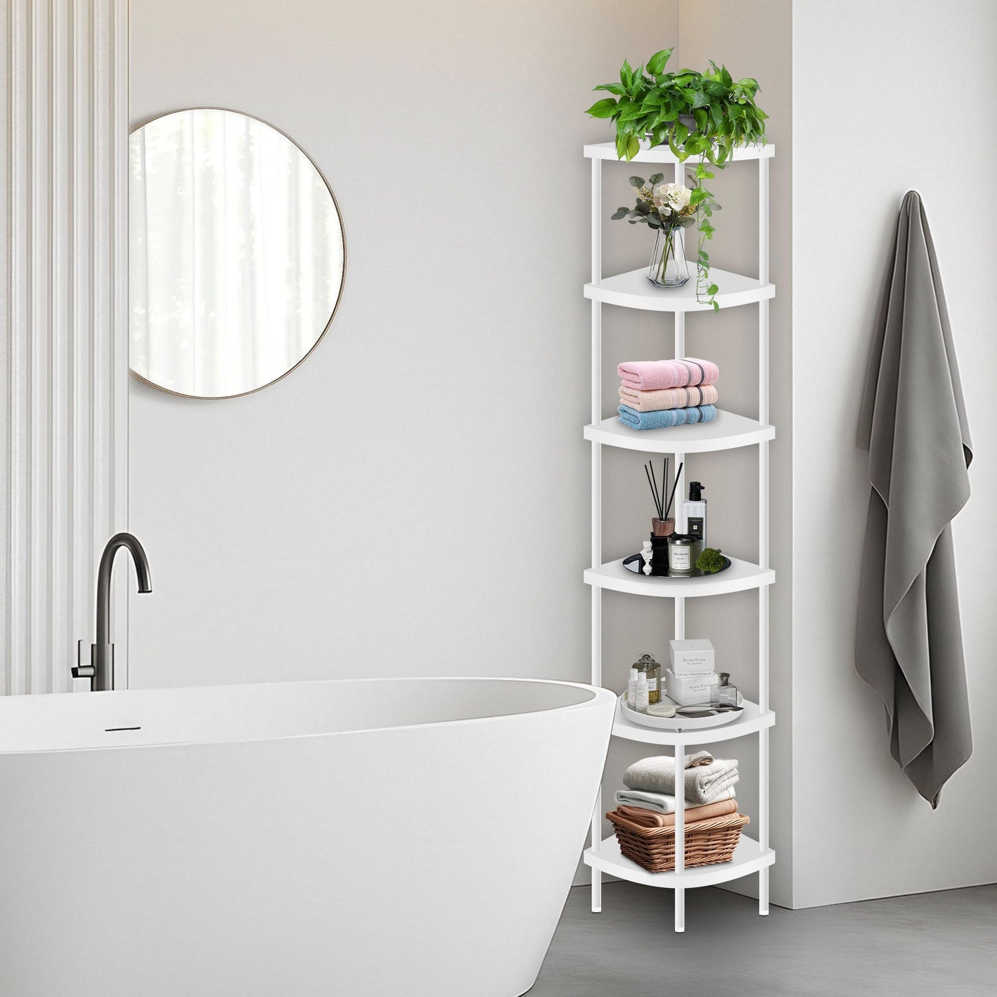 Qupui 6 Tier Corner Shelf Stand, 66” Tall Corner Bookshelf Multipurpose Shelving Unit, Plant Stand Display Rack Home Organizer Shelves for Bedroom Living Room, White