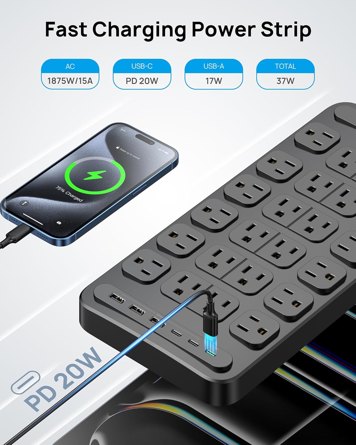 TROND Surge Protector Power Strip, 360° Rotating Flat Plug, 24 AC Outlets, 6 USB Ports Total 37W, 4000 Joules, ETL Listed, 15ft Heavy Duty Extension Cord 1875W for Gaming Dorm Room Essentials Black