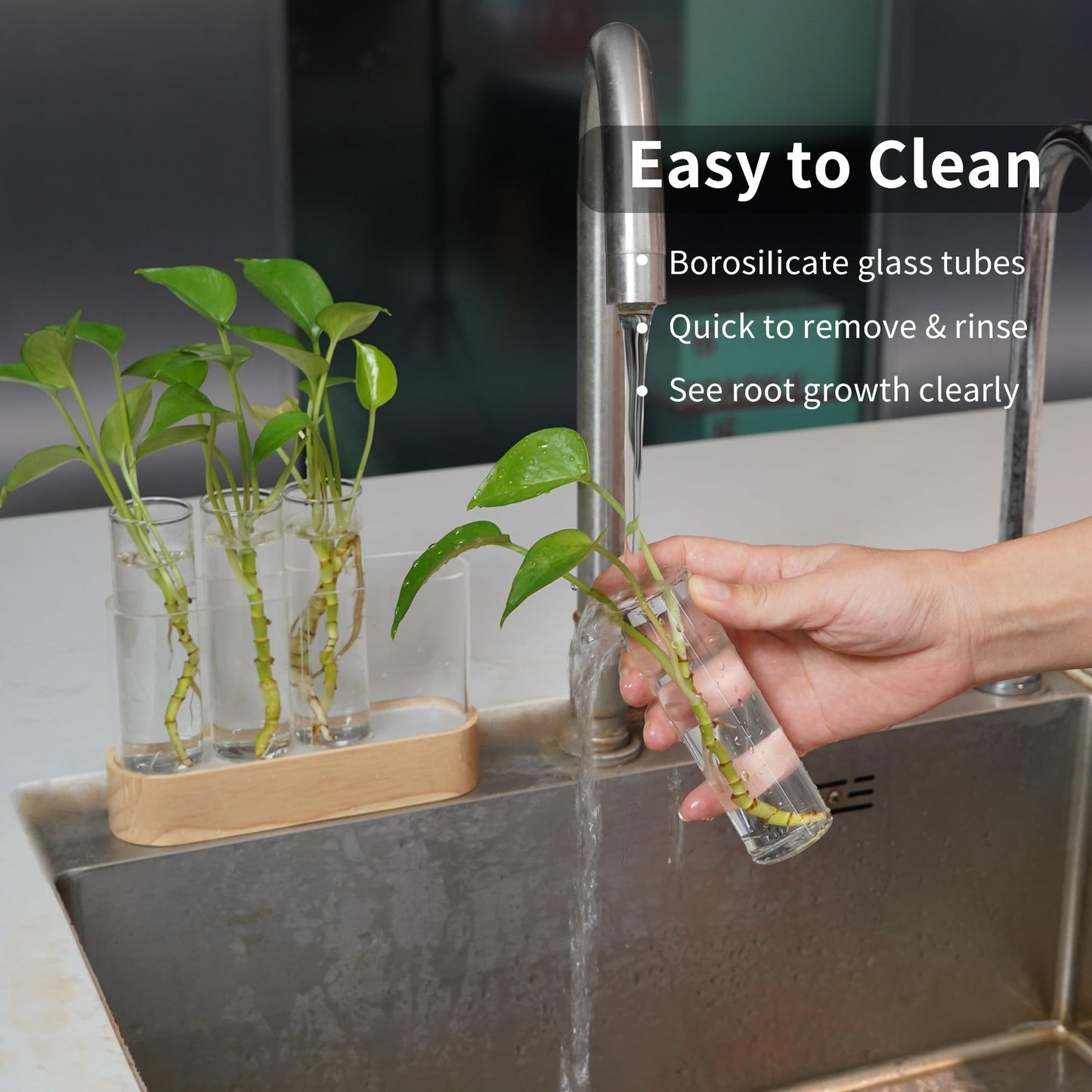 Plant Propagation Station with LED Lights, 4 Glass Test Tubes, Oak Stand, 3 Lighting Modes 9-Level Dimming, Rear USB-C Hidden, for Window Sill Desk Shelf, Gift for Plant Lovers