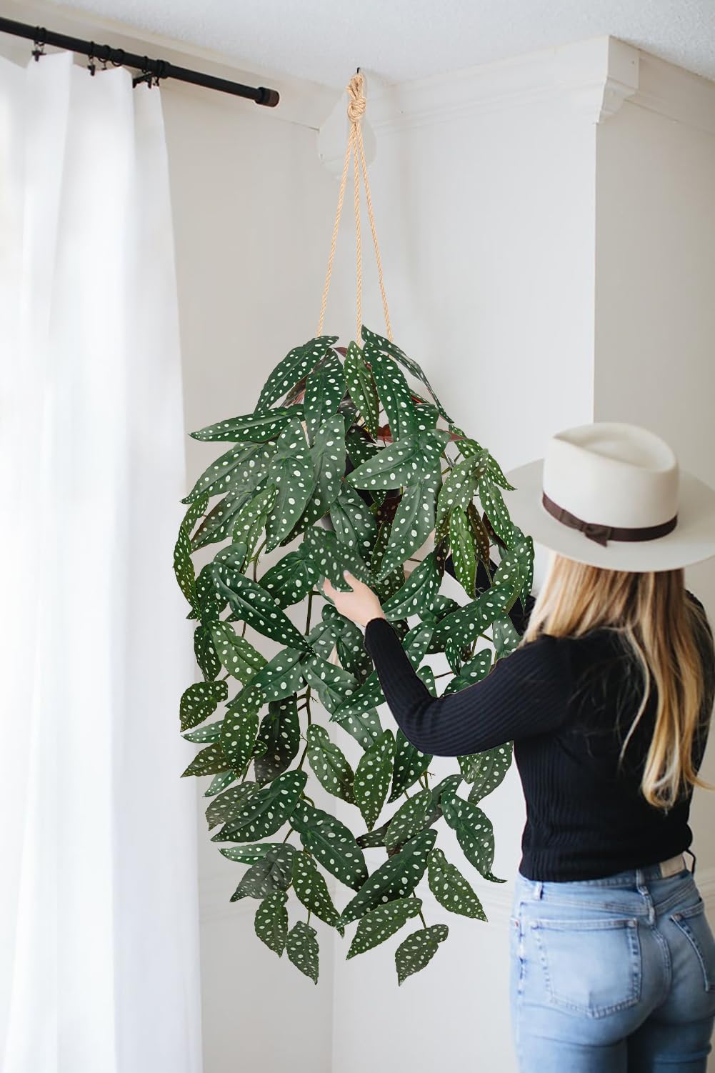 Large Fake Hanging Plants in Pot with Hook, 37" Artificial Hanging Begonia Vines Plants, Fake Potted Tropical Plants for Room Wall Living Room Bathroom Kitchen, Big Faux Ivy Houseplants for Shelf