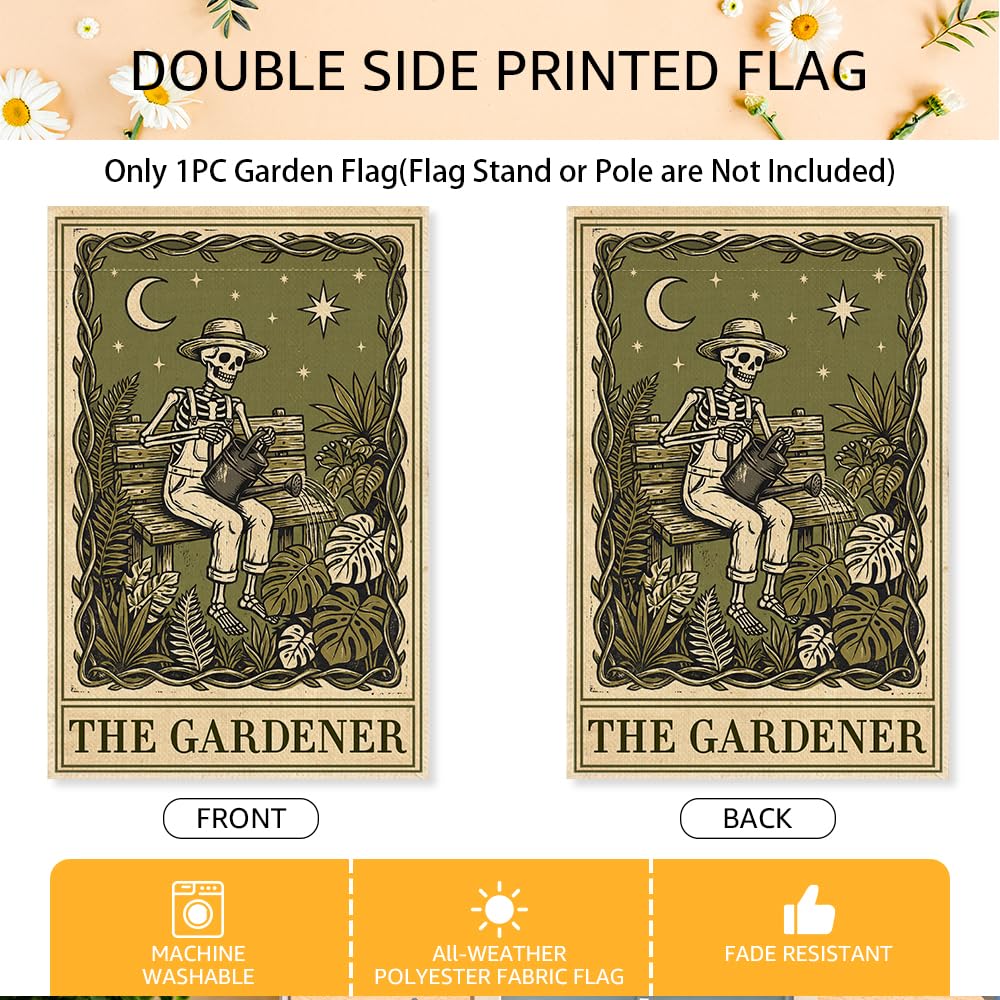 SRWNFOS The Gardener Garden Flags for Outside, Gothic Garden Flag for Plant Lover, Spooky Yard Banner for Gardener, Funny Skeleton Planting Lawn Yard Sign Decor, Halloween Gifts for Family Friends