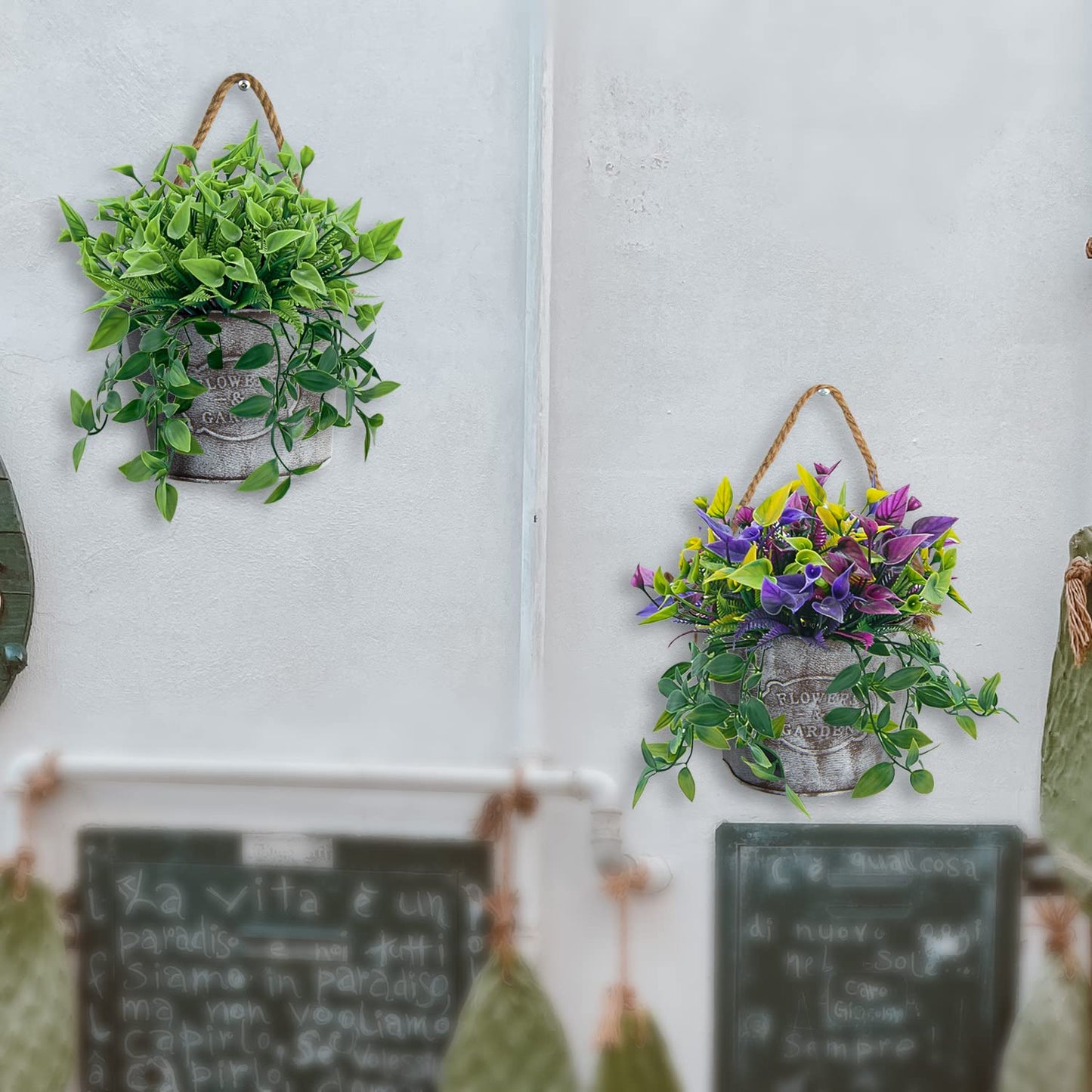 XONOR 4Pcs Galvanized Metal Hanging Wall Planter, Rustic Wall Flower Vase for Succulents Herbs Country Home Farmhouse Wall Decoration (2)