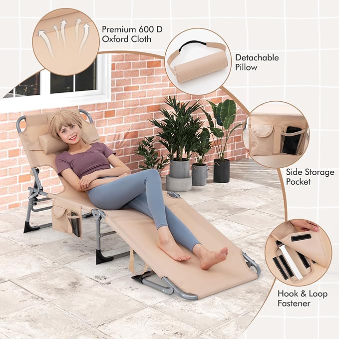 Goplus Tanning Chair, Folding Adjustable Patio Lounge Chair