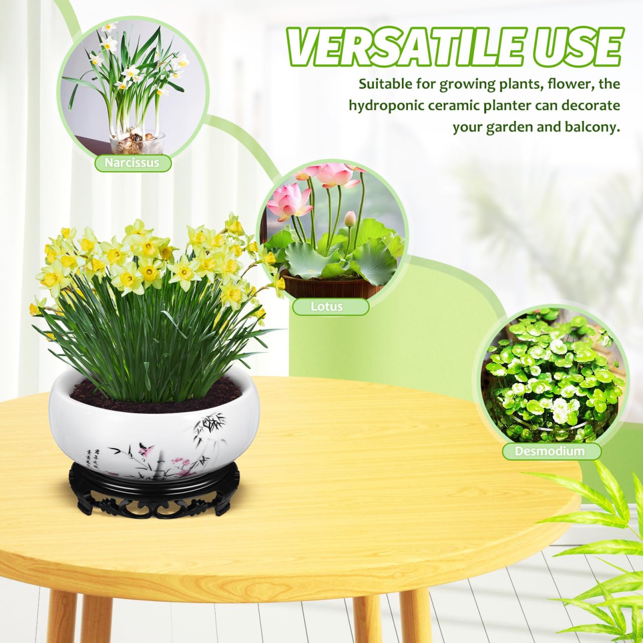 YARNOW Ceramic Lotus Bowl Planter with Stand - 6.9 Inch Water Lily Bowl for Home Office Garden Decor, No-Drainage Hole