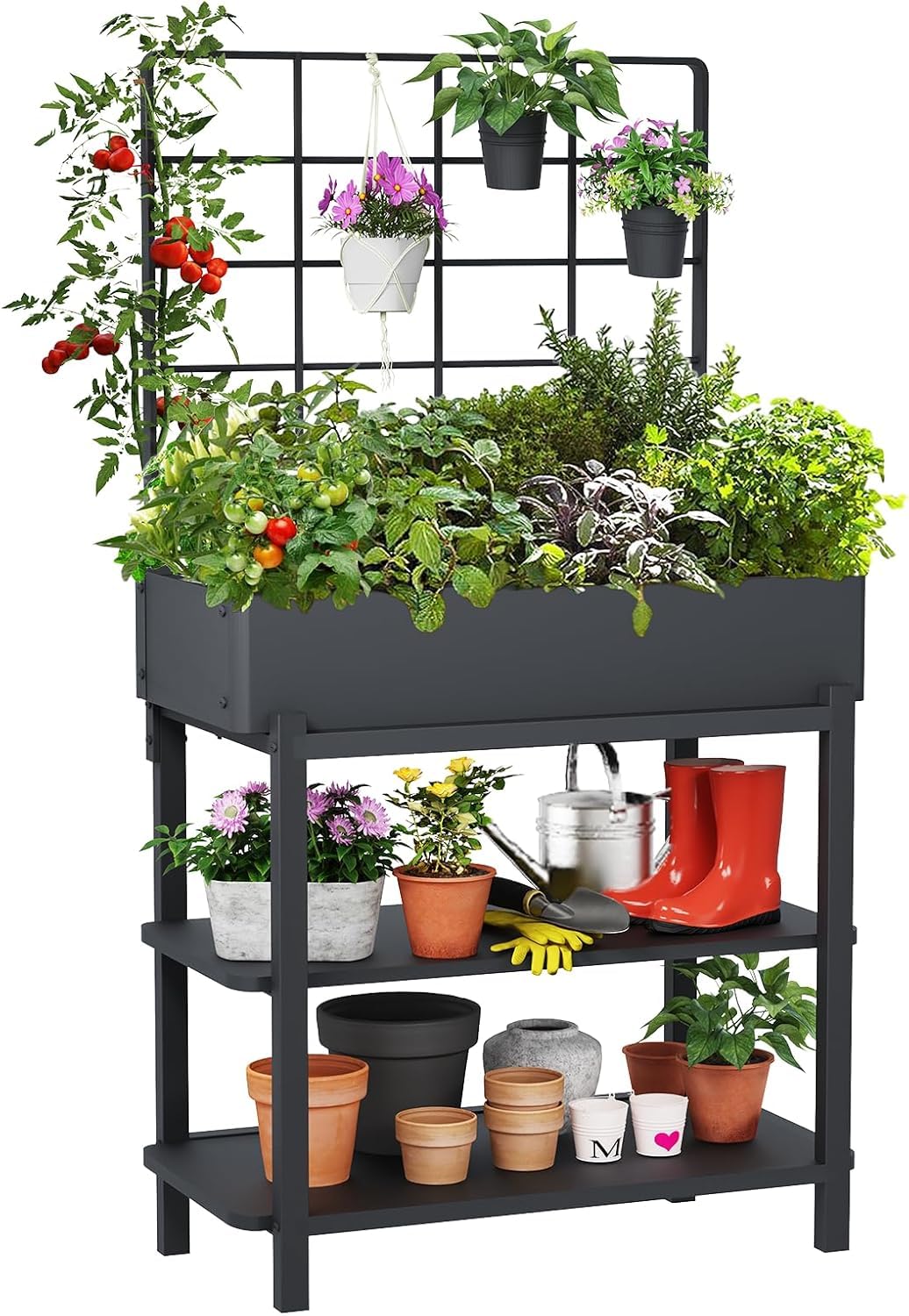FOYUEE Metal Raised Garden Bed with Trellis & 2-Tier Storage Shelf, Elevated Planter Box with Legs -Includes 3 Flower Pots, Outdoor Vertical Garden for Vegetables Herbs Climbing Plants Patio Balcony