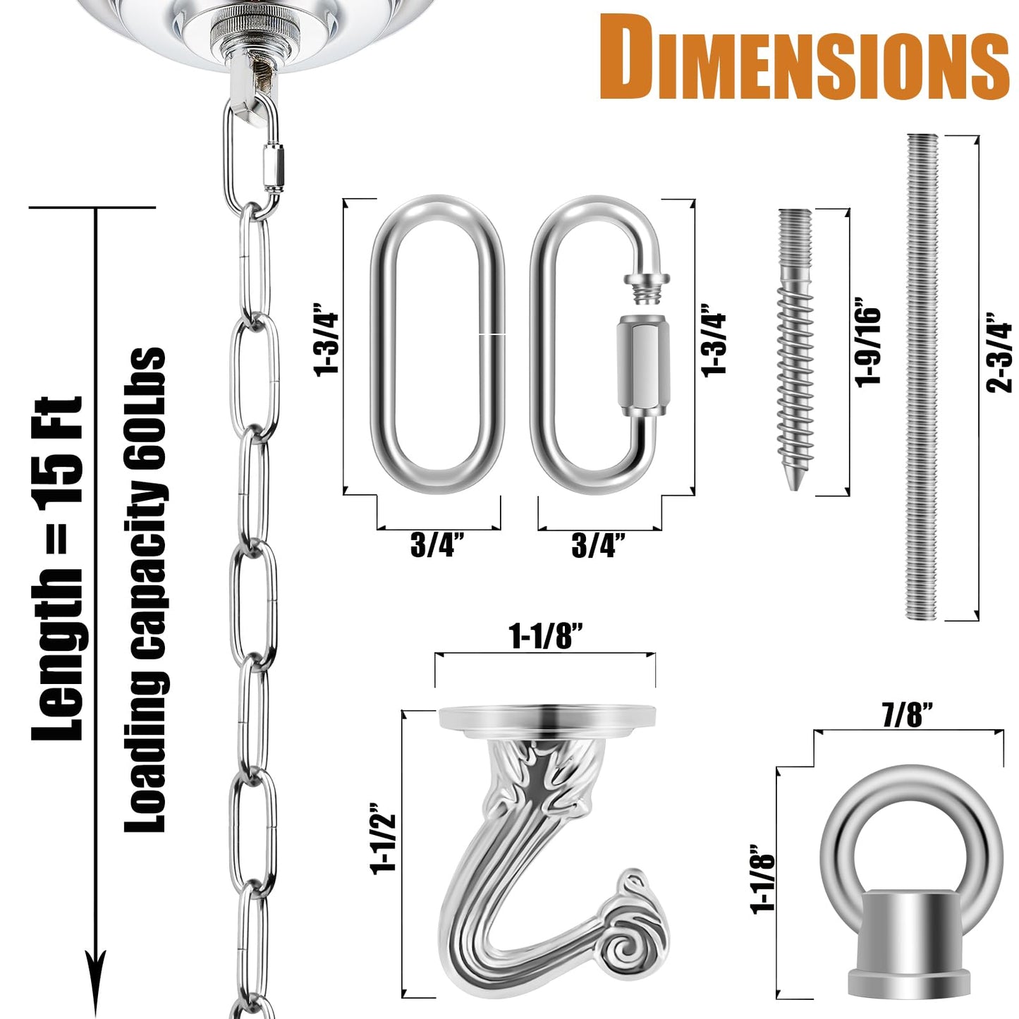 Omytie 15 Ft Heavy Duty Hanging Chain Kit with Connection Locks/Swag Ceiling Hooks for Lighting Fixture, Chandelier, Pendant, Lantern, Swag Lamp, Plant/Flower/Fruit Basket, Bird Feeder (Chrome)