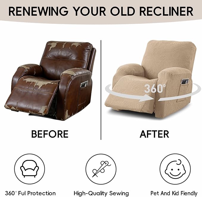 Oversized Recliner Chair Covers, 4-Piece Stretch Geometric Strokes Jacquard