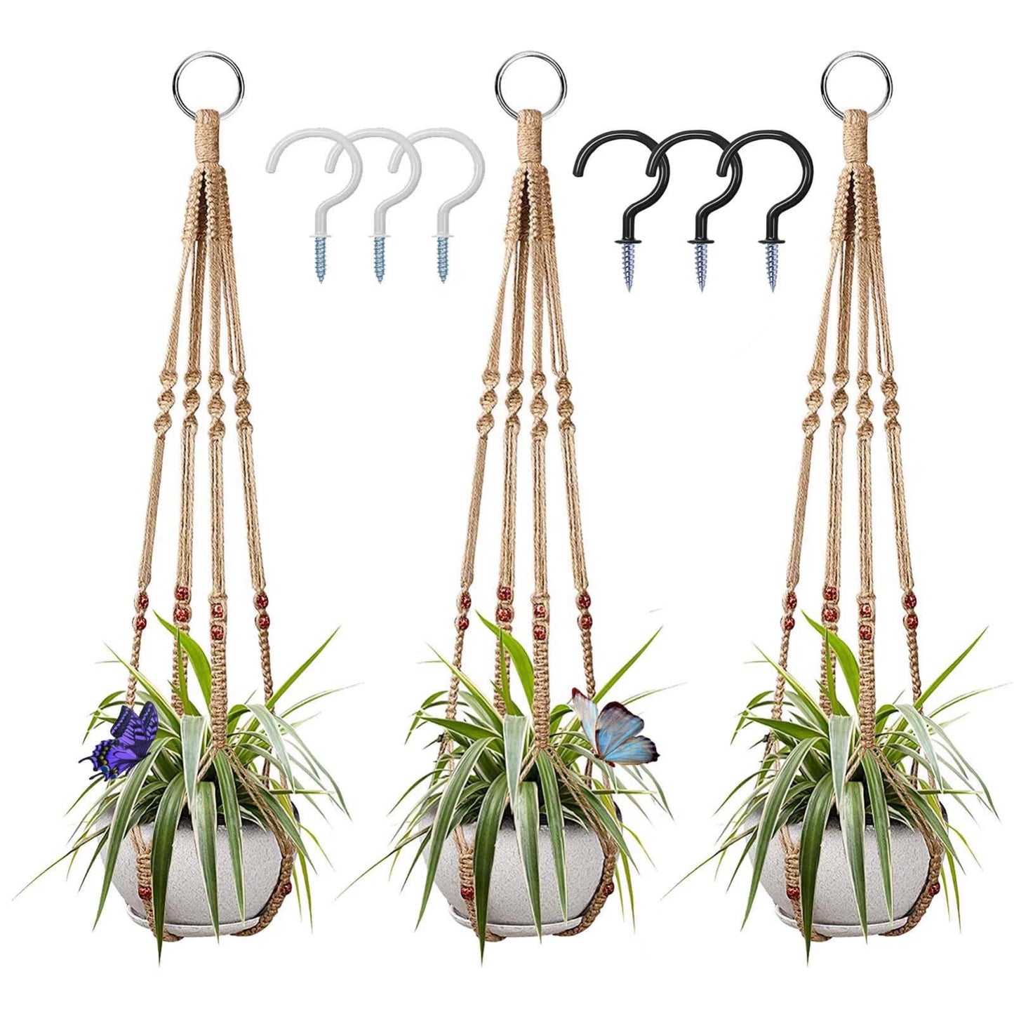Macrame Plant Hanger 3 Pack Ceiling Plant Hanger 35'' Brown Hanging Planter Holder Boho Handmade Plant Jute Rope with 6 Hooks and Beads for Indoor Outdoor Home Balcony Decor, Fit Max 12'' Flower Pot