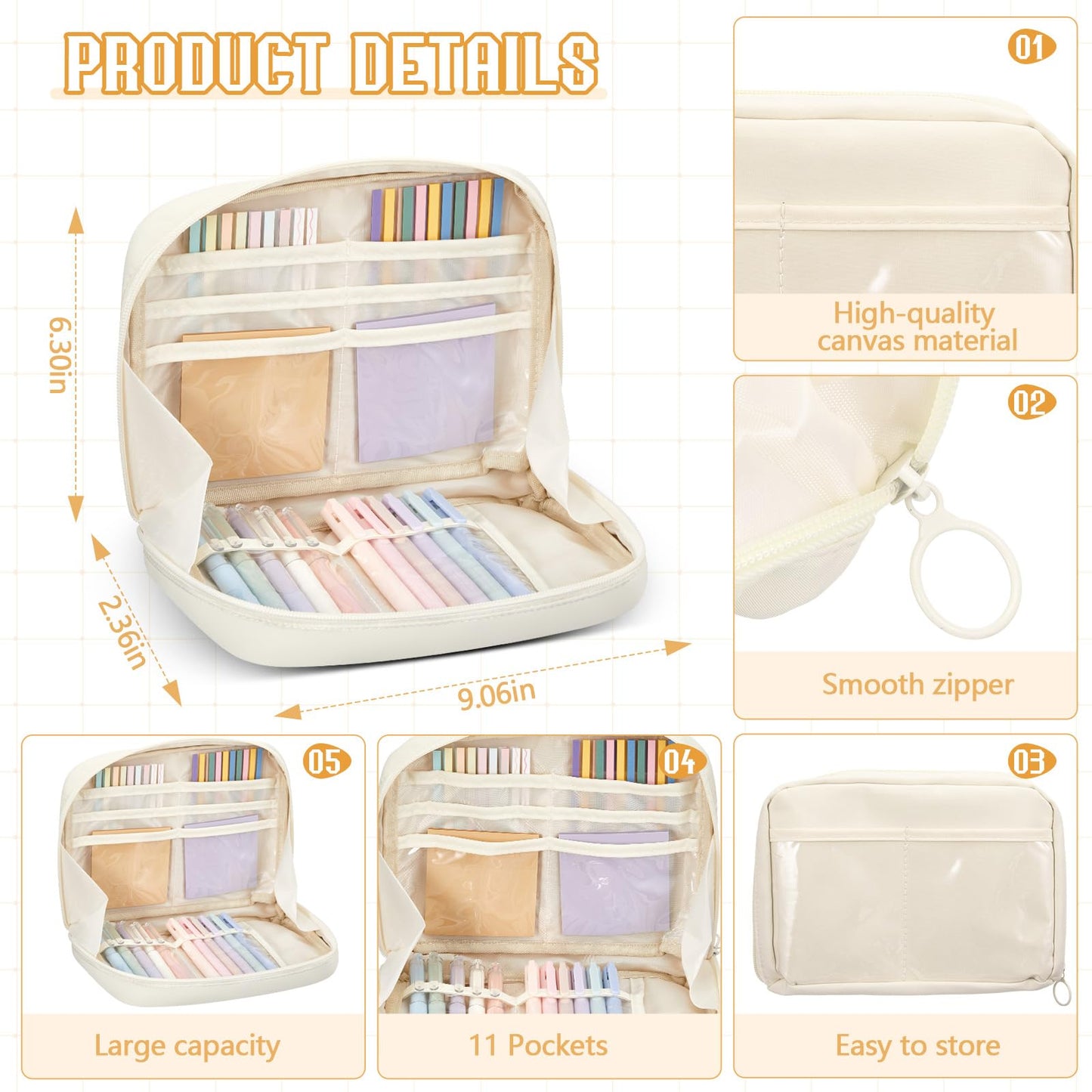 Trandraft 135 Pcs Book Annotation Kit Aesthetic Pencil Case Bag 12 Highlighter 11 Gel Pen 1 Marker 300 Sheet Transparent Sticky Notes Pad 2640 Index Stickers Bible Study Supplies(Kawaii,Beige)