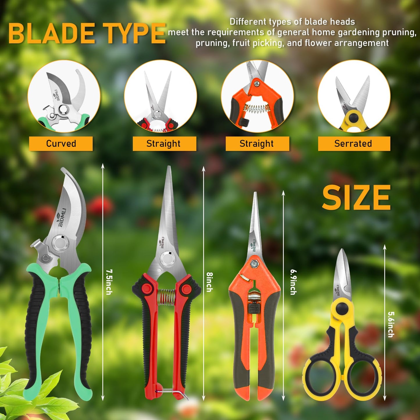 4-Pack Multifunctional Garden Scissors Set-BIDMLI Stainless Steel Pruning &Floral Shears with One-Piece Handle Blades for Tree Pruning, Flower Trimming, and Fruit Picking Tasks at Home&Garden Tool.