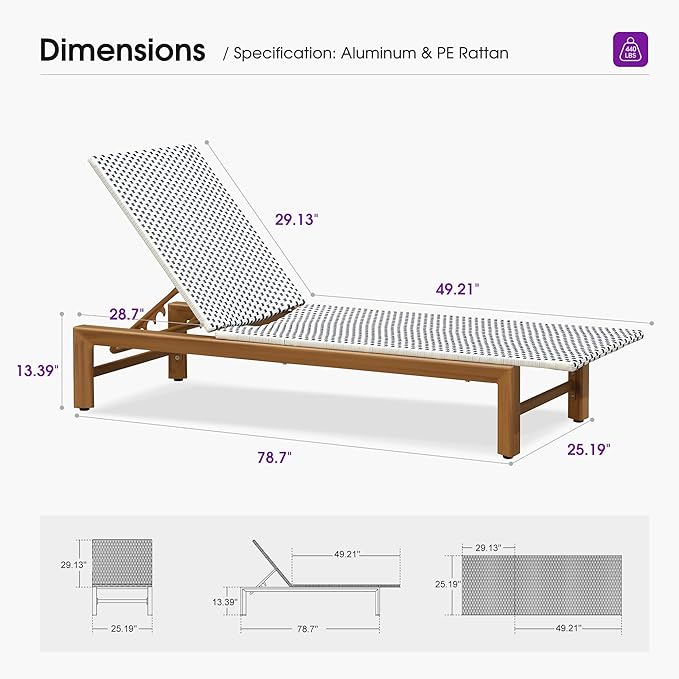 PURPLE LEAF Patio Chaise Lounge French Outdoor Lounger 1 Piece Matte Teak Grain