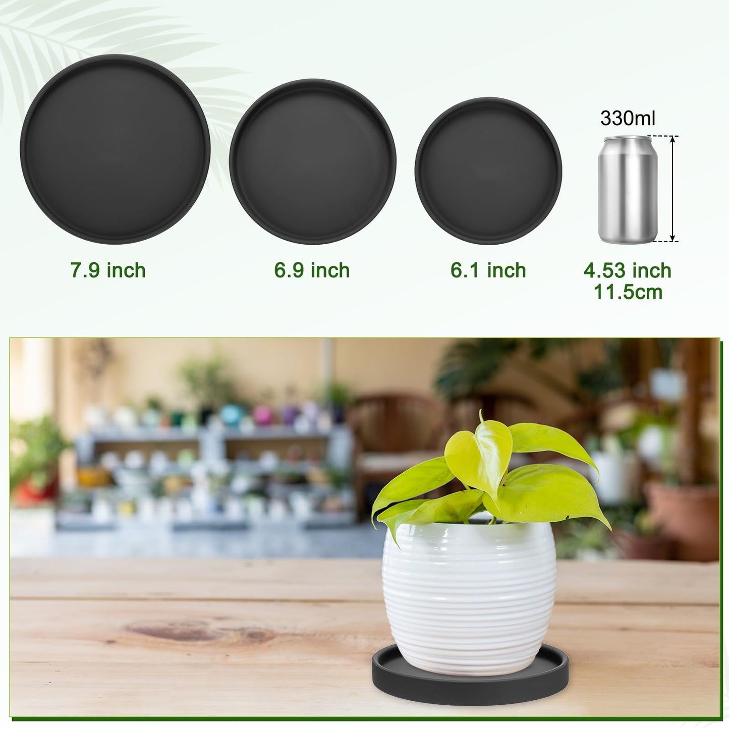 M METERXITY 2-Pack Plant Saucers, 6.3 Inch ID Anti-Rot Root Ceramic Flower Pot Plant Saucers for Indoor/Outdoor, Round Flowerpot Drip Tray [6.9 Inch OD, Black]