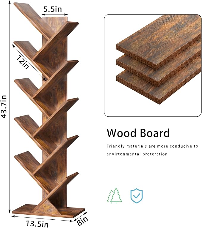 SHEEPAM 10 Tier Tree Book Shelf, Floor Standing Wood Bookshelf