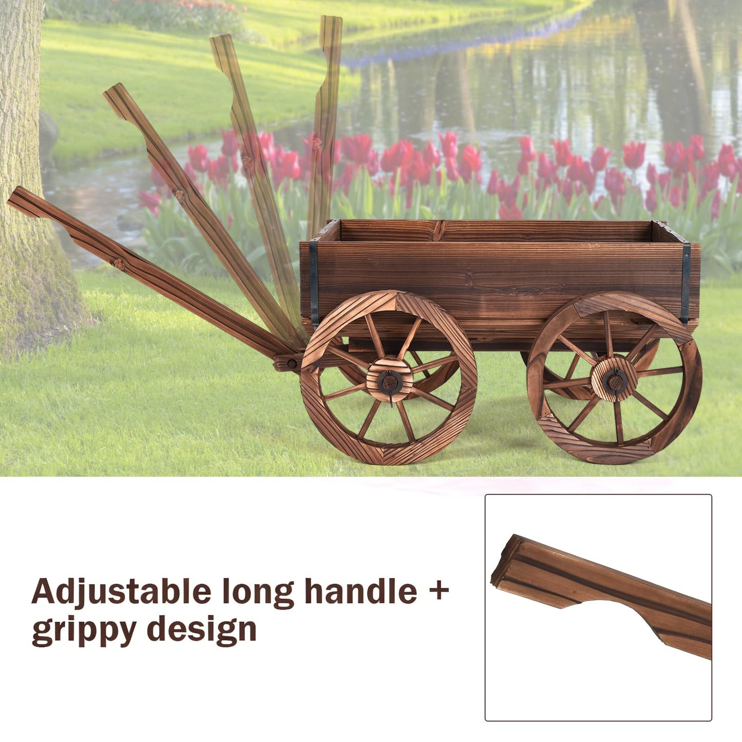 COSTWAY Wood Wagon Flower Planter Pot Stand with Wheels for Home, Garden, Indoor, Outdoor, Decor