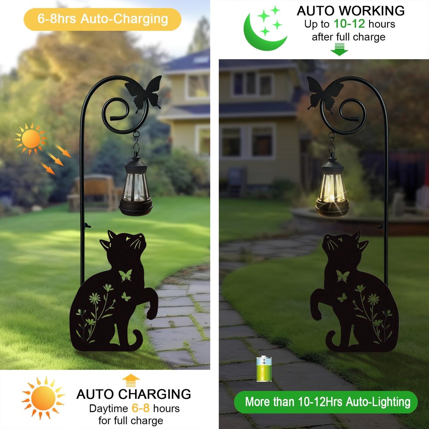 YY Gardenia Metal Cat Stake with Solar Lights Outdoor Decorative, Black Cats Lawn Ornaments, Womens Gifts Unique, Garden Silhouette Animal Decor
