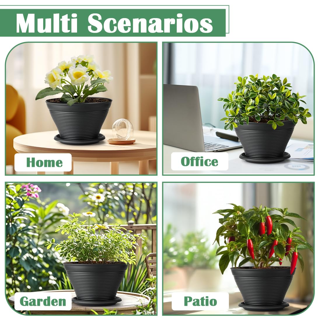 RooTrimmer 8 Inch Plastic Plant Pots with Saucers 8 Pack, Flower Pots with Drainage Holes, Sturdy Planter Pots for Indoor Outdoor, Modern Decorative Gardening Pots for Planting House Plants, Black