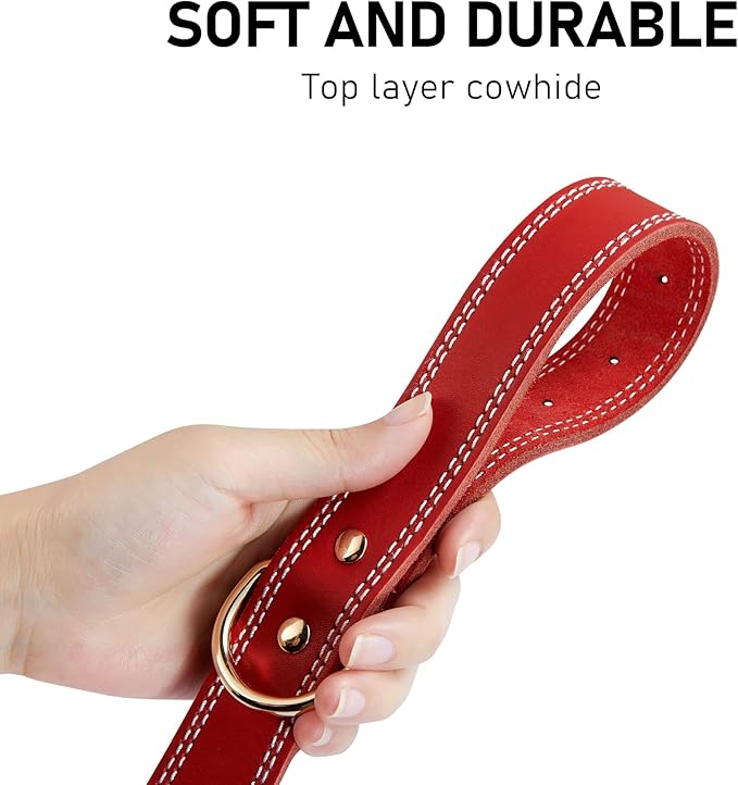 Dog Collar,Genuine Leather Dog Collar,Heavy Duty Dog Collar for Small,Medium,Large and Extra Large Dog (M: 1" Wide for 15.2"-19.2" Neck,Dual Stitch - Red)