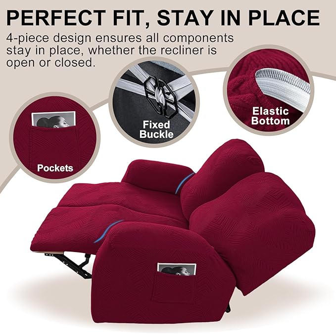 Recliner Loveseat Covers, 4-Piece Stretch Geometric Strokes Jacquard Reclining