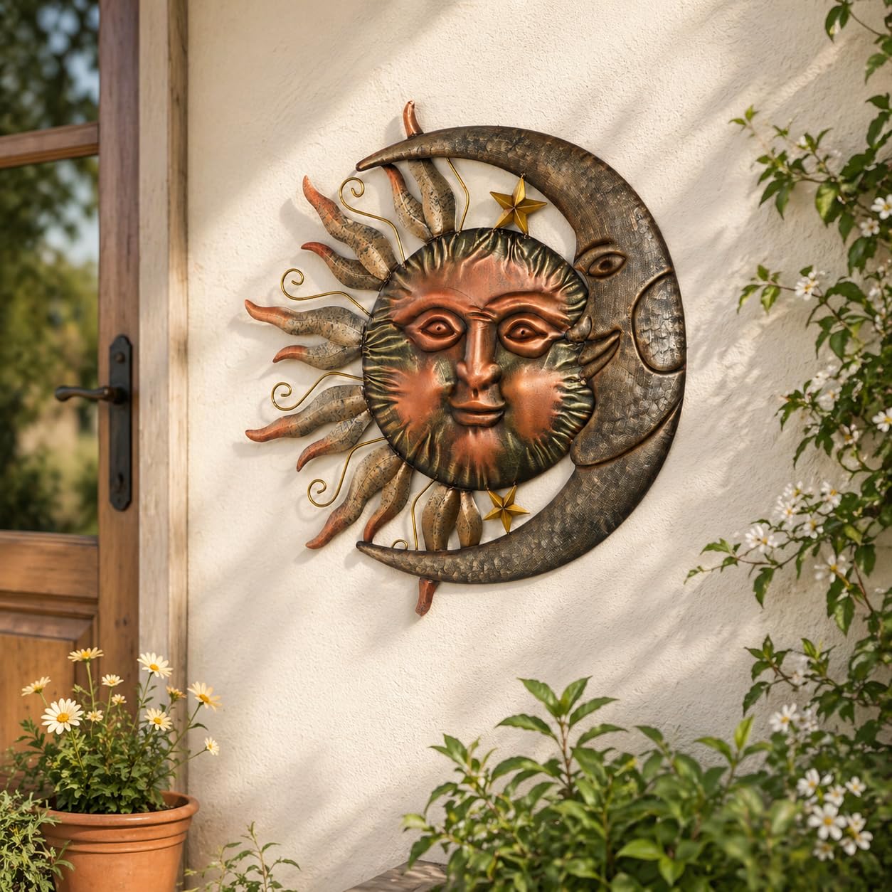 Glitzhome Metal Sun and Moon Wall Decor, Garden Yard Stake with Celestial Outdoor Sculpture Design, Bronze Copper Rustic Art for Patio Lawn Spring Landscape Decoration