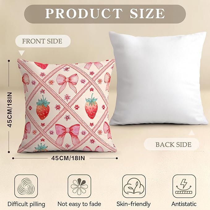 OBSEDE Pink Bow Strawberry Throw Pillow Covers 18 × 18 in, Couch Cushion Cases