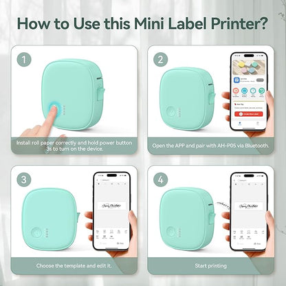 Mini Label Maker Machine with Tape AH-P05, Portable Bluetooth Mini Label Printer, Wireless Thermal Label Maker, Waterproof & Rechargeable, Built-in Cutter, for Home, Office, Kitchen – Green