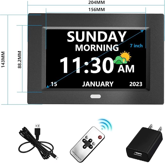 MRCHYDZ 7 Inch Clock with Day and Date for Elderly Large Display Digital Clocks 12 Alarms 3 Display Modes Large Font Alzheimer's Clock Alarm Clocks for Seniors Auto DST Black