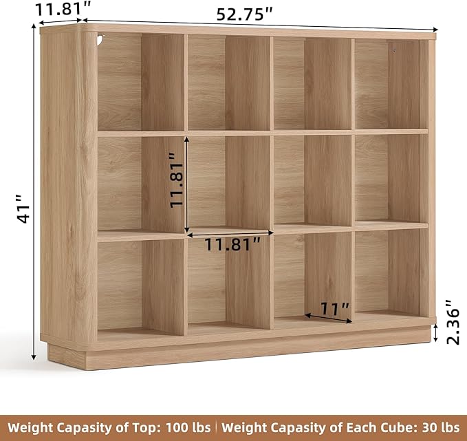 Joaxswe 12 Cube Storage Organizer, Wood Floor Standing 3-Tier Cubby Bookcase