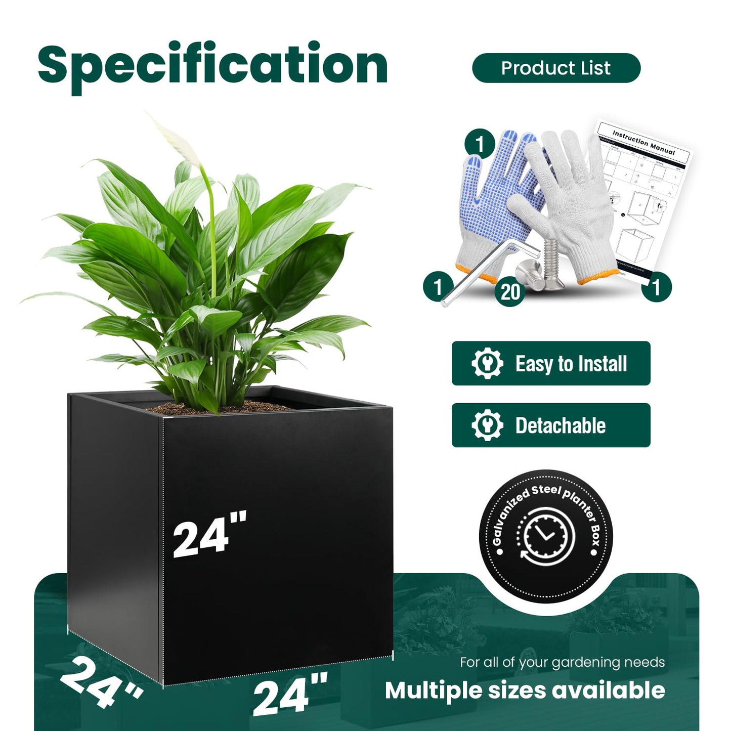 Galvanized Steel Planter Box Black Metal Planter 24Inch Large Square Indoor Outdoor Planters Cube Steel Heavy Duty Planter Powder Coating Modern Commercial Residential for Plants, Patio, Yard, Garden