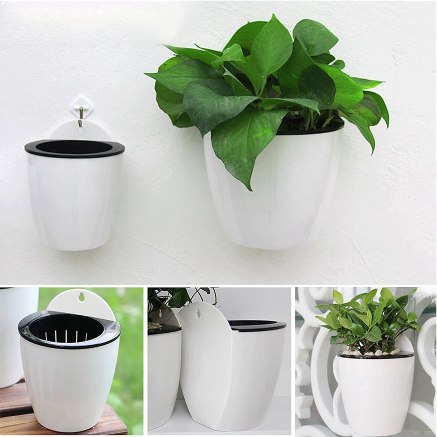 MOUYAT 6 Pcs Plastic Self Watering Hanging Planters, 7 Inch White Wall Mounted Flower Pots with Hooks and Cotton Ropes, Lazy Flower Pots for Outdoor Indoor Plants