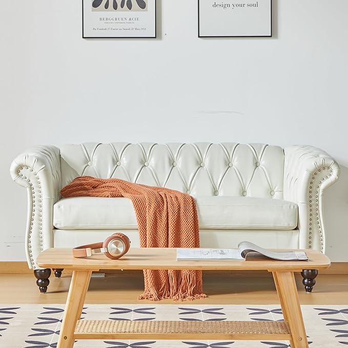 LEVNARY Leather Sofa, Chesterfield Tufted Upholstered 2 Seater Couch, Modern