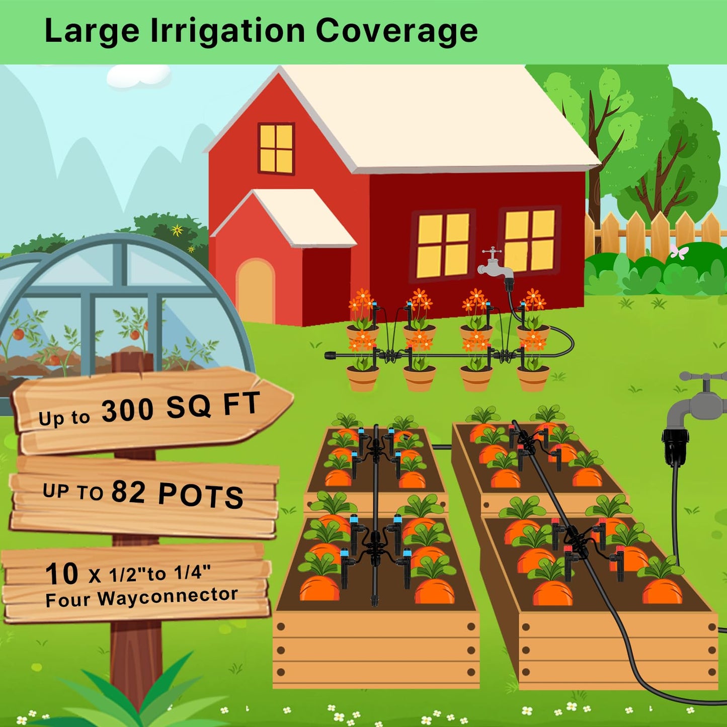 250FT Drip Irrigation System Kit, 50FT 1/2" Main Tube & 200FT 1/4" Tubing, Quick Connect Design, Brass Splitter, Adjustable Emitters & Misting Sprayers for Garden, Lawn, Raised Beds, Outdoor Plants