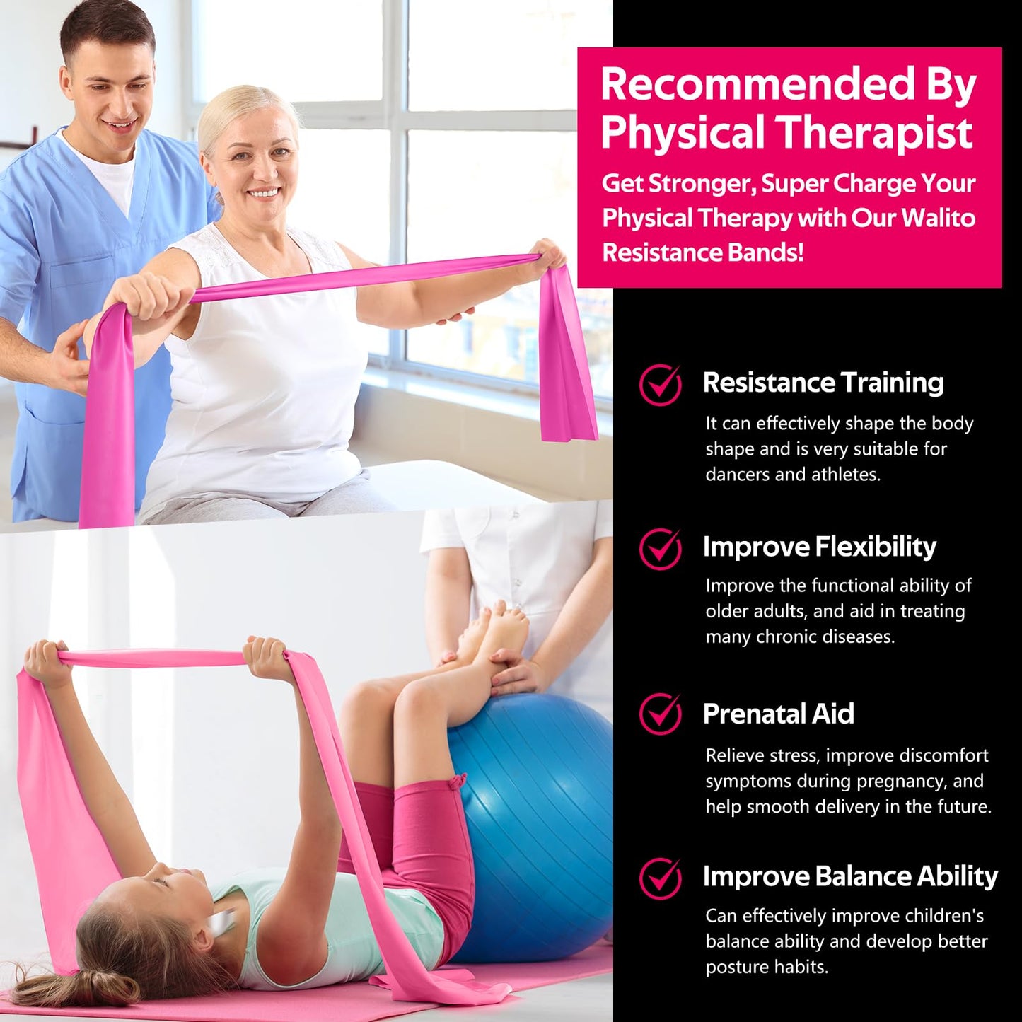 WALITO Resistance Bands for Working Out, Exercise Bands for Women and Men, Workout Bands for Physical Therapy, Stretch, Recovery, Pilates, Rehab, Strength Training and Home Gym