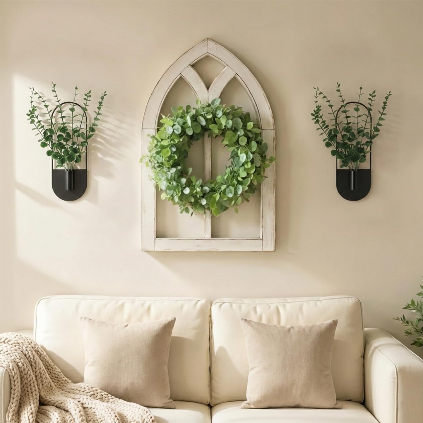 Nacidooka 2 Pcs Boho Wall Decor Hanging Planters for Indoor Plants, Hanging Plant Holder with Artificial Eucalyptus Modern Bathroom Metal Wall Art for Living Room Hallway Home Office(Black)
