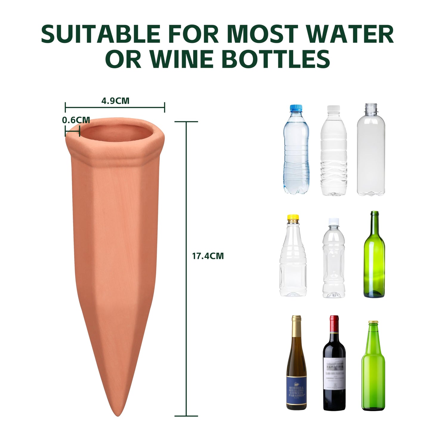 Soilagua Terracotta Watering Spikes, Wine Bottle Watering Stakes, Slow Release Self Watering Planter Insert for Out | Indoor Plants, Vacation Plant Watering Devices, Automatic Plant Waterer, 4-Pack