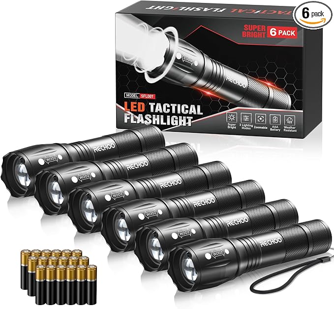 RECHOO 6-Pack LED Flashlight, Bright Small Flashlights High Lumens, 3 Modes, Battery-Powered Pocket Mini Flashlights, Flash Light Adjustable Focus, Waterproof Flashlights for Home Emergency Camping