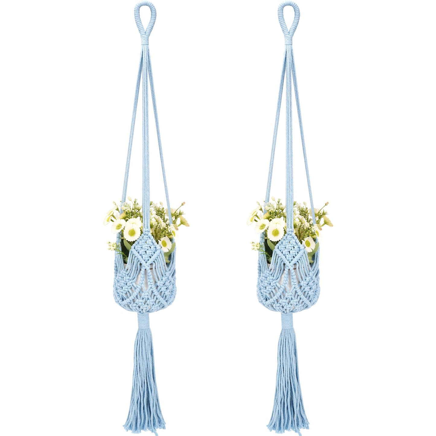 BUNCHBRAVO 2 Pack Macrame Plant Hangers, 33-Inch Cotton Rope Hanging Planters with Diamond Design, Boho Home Decor for Indoor and Outdoor Use, Blue