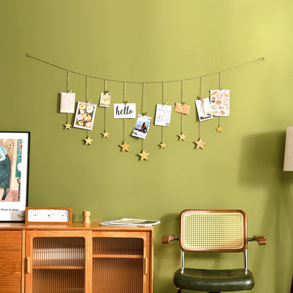 Mkono Hanging Photo Display Boho Decor Wooden Stars Garland with Metal Chains, Pictures Cards Holder with 25 Wood Clips, Wall Art for Christmas Living Room Bedroom Dorm Decor, Teen Girls Gift, Gold