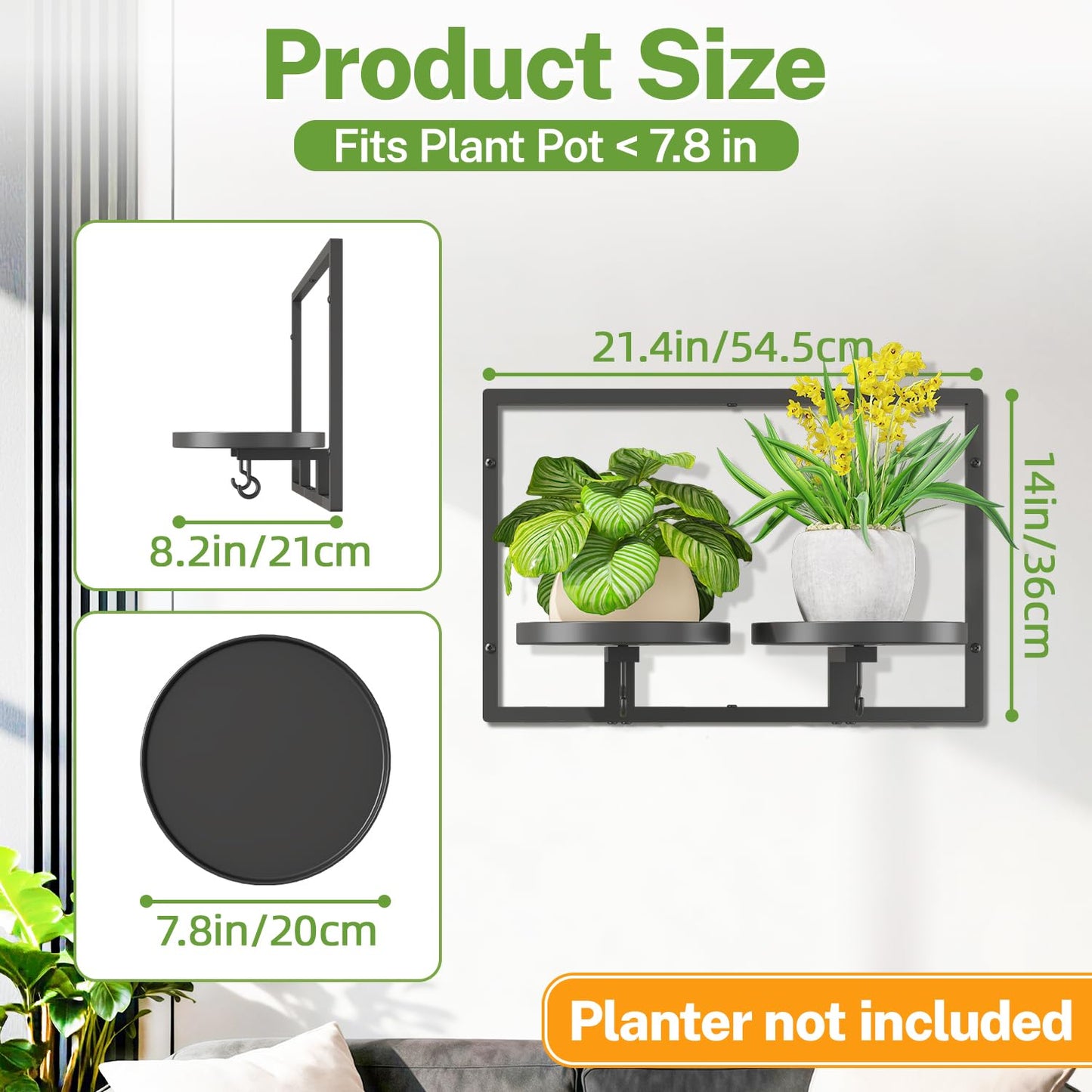 iDavosic.ly Wall Plant Picture Frame Holder with 2 Trays for Indoor, Metal Stand with Hanging Hooks, Floating Flower Display Decor, Space Saving & Easy to Assemble (Pots/Chains/Plants Not Included)