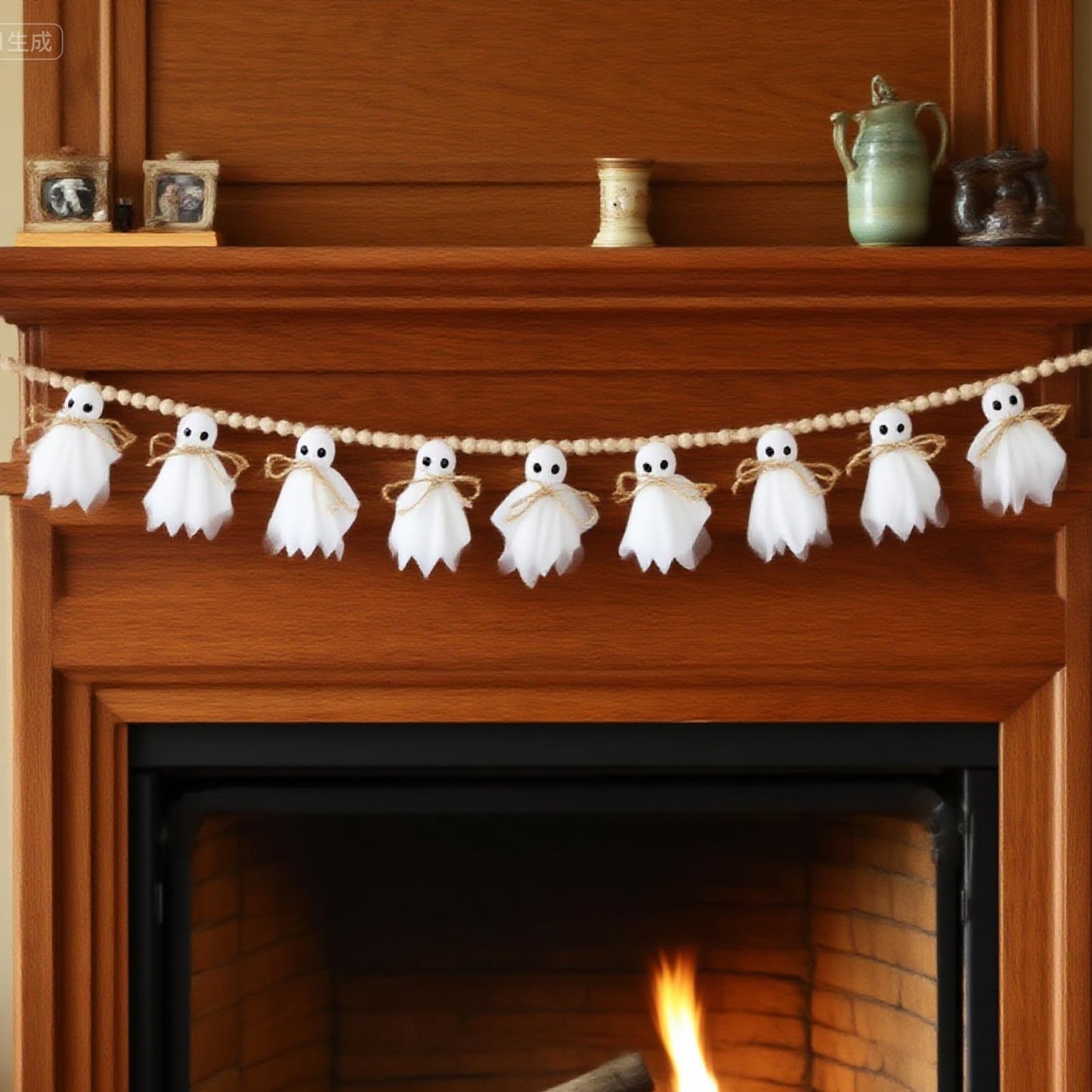 KIMPOK 8Ft Halloween Banner Garland with Cute White Ghosts & Wooden Beads, Handmade Rustic Halloween Decor for Wall, Indoor & Outdoor, Doorways & Mantel Decoration