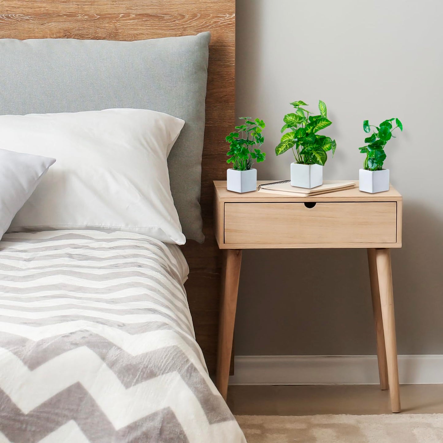 MyGift Set of 3 Artificial Plants, Faux Potted Plants Indoor, Small Fake House Plant in White Square Ceramic Pots for Shelf Decor