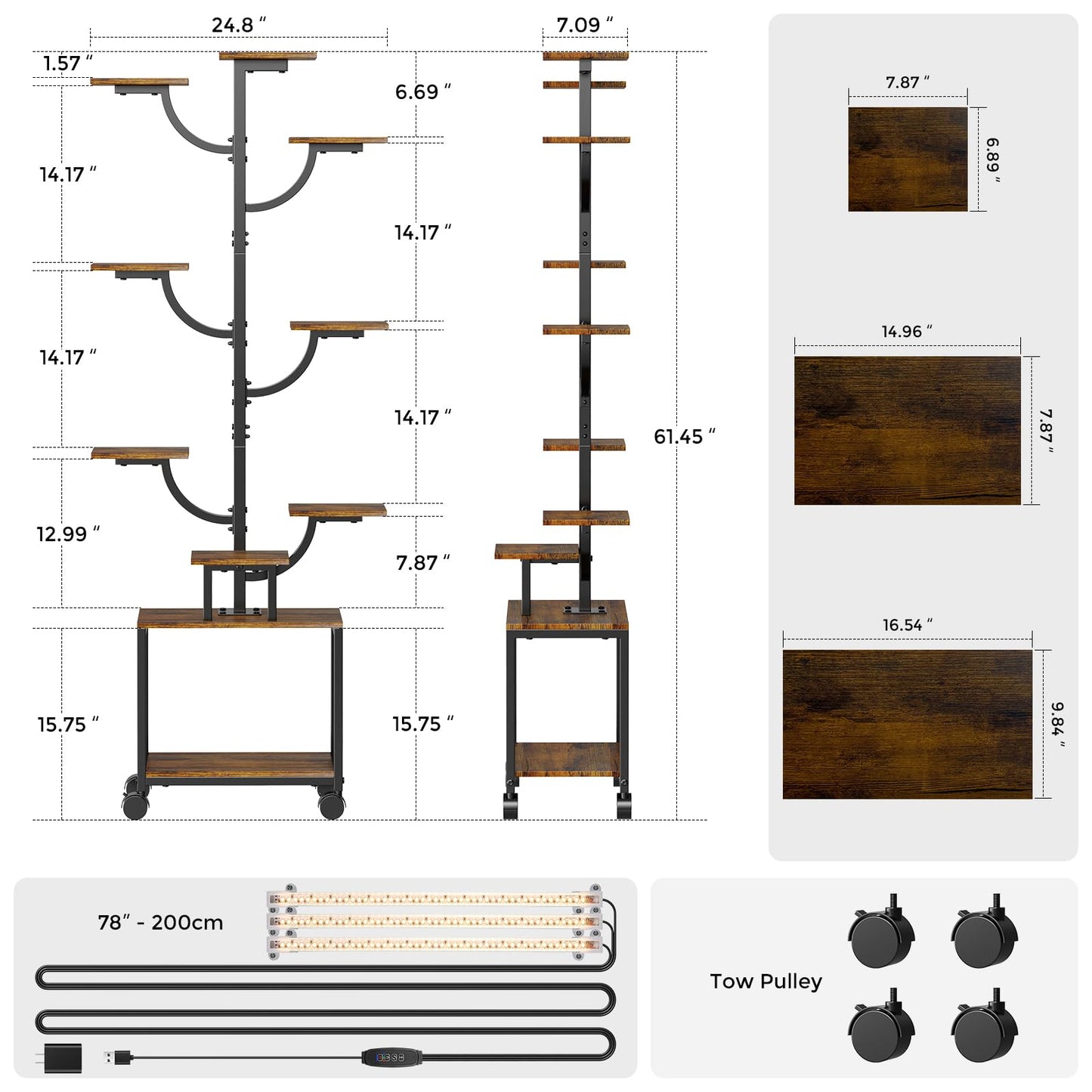 Plant Stand Indoor with Grow Lights - 9-Tier Plant Stand with Wheels, Tall Metal and Wood Indoor Plant Shelf with Tree Design, Rolling Flower Pot Holder Rack with Waterproof Finish, Adjustable Display Stand for Home Garden, Patio, 62" Tall