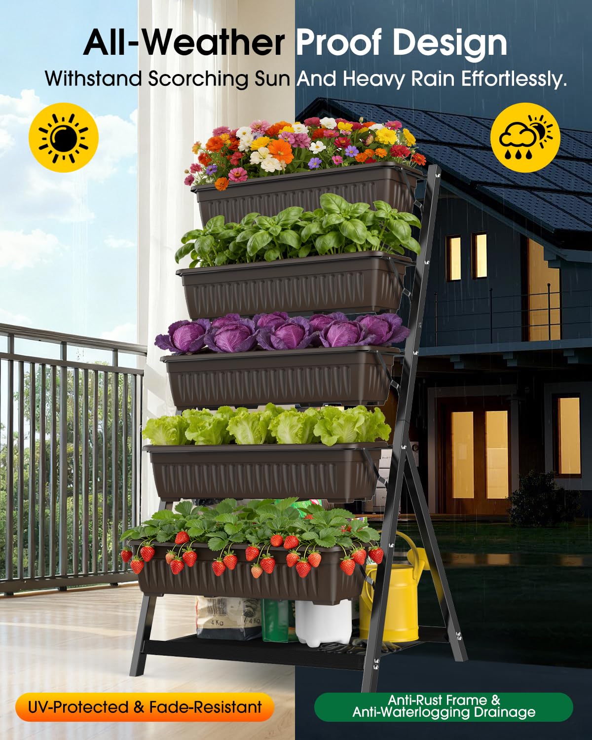 Olaiti 5-Tier Vertical Garden Bed Planter Boxes with Drainage System & Storage Space, Freestanding Vertical Garden Planter with 5 S-Hooks for Plants Vegetables Flowers Herbs in Garden Patio Yard