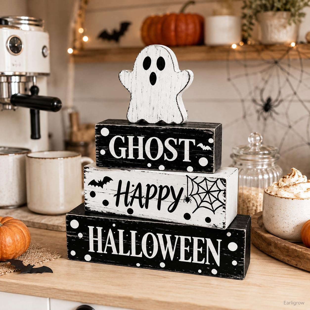 4 Pcs Ghost Halloween Decor Rustic Black and White Polka Dot Wooden Tiered Tray Block Signs Farmhouse Spooky Halloween Table Centerpiece Decor for Home Kitchen Shelf Coffee Bar
